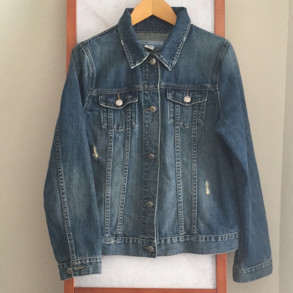 Old Navy Women’s Maternity Jean Jacket Distressed Blue Denim Sz L